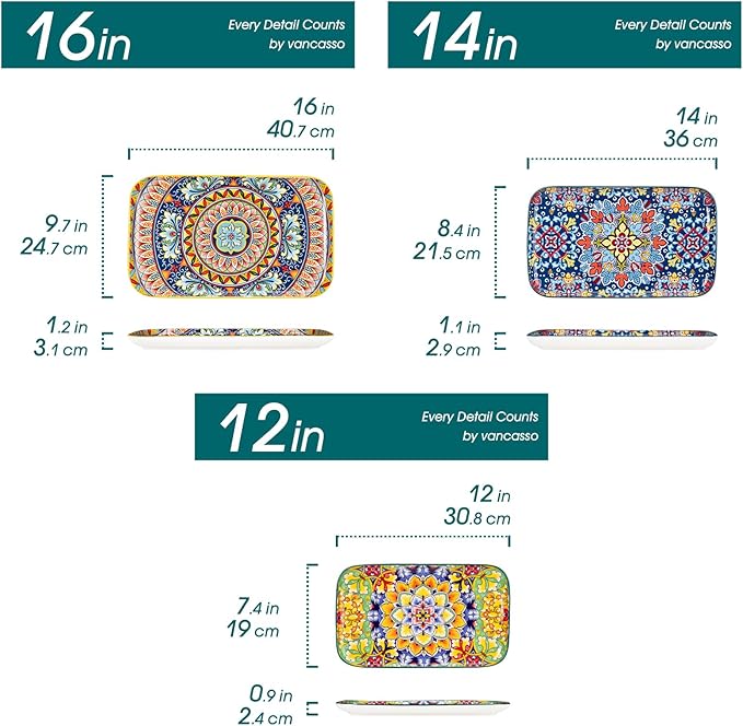 vancasso Serving Platters Set of 3, 16"/14"/12" Inch Rectangular Trays - Extra Large, Ceramic Bohemian Serving Dish for Entertaining Food, Microwave & Dishwasher Safe, Vintage