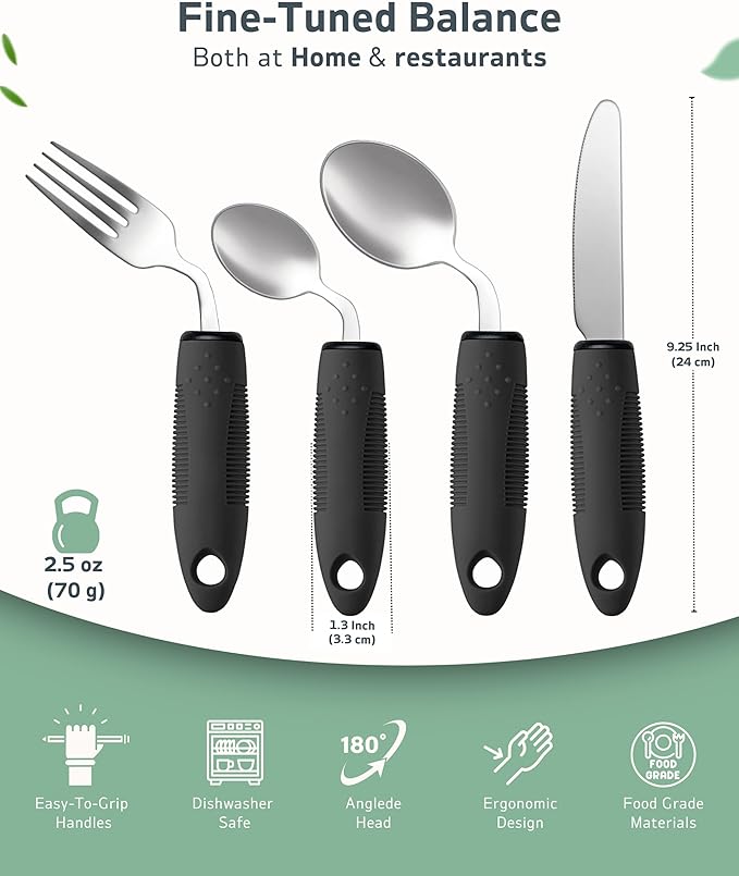 4-Piece Adaptive Utensils Set - 42° Angled Parkinsons Utensils, 2.5 oz Weighted Utensils for Tremors and Parkinsons Patients, Easy Grip Weighted Silverware for Hand Tremors (Right-Handed)