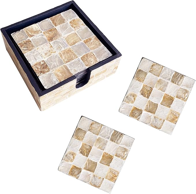 6 Pack Mother of Pearl Squre Coasters with Holder, Seashell Inlay Square Cup Holders with Organizer, Decorative Coasters Capiz Shell Trivet for Coffee Table, 4.8", I-lan