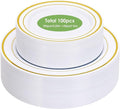 Moretoes 100PCS Gold Plastic Plates Disposable,Party Plates White Gold Rim, 10.25inch Dinner Plate and 7.5inch Dessert Salad Plate for Wedding Party and Birthday