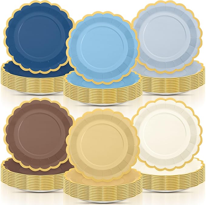 96 Pcs Blue Brown Paper Plates 9 Inch Gradient Scalloped Paper Plates Disposable Dinner Dessert for Birthday Wedding Bridal Party Supplies, 6 Colors