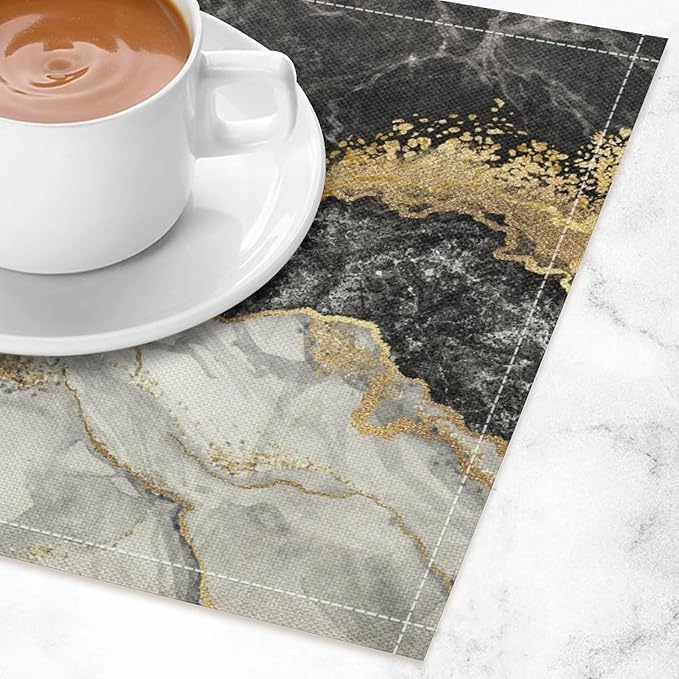 Marble Linen Place Mats Set of 4, 12x17 Inch Modern Luxury Texture Black Grey Gold Marble Washable Fabric Non-Slip Placemats for Home Dining Table Banquets Party Kitchen Decoration
