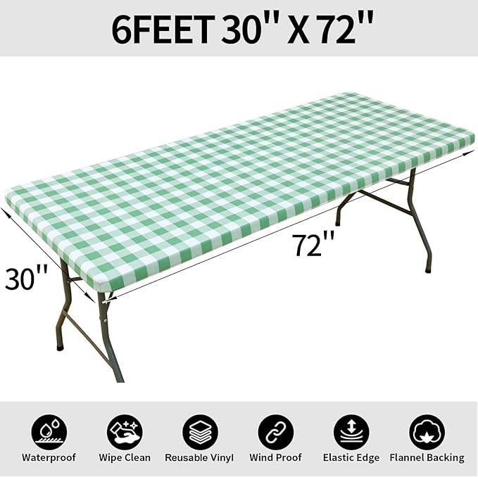 Smiry Rectangle Picnic Table Cloth, Elastic Waterproof Fitted Vinyl Tablecloths, Flannel Backed Buffalo Plaid Table Covers for Dining, Camping, Outdoor (Sage Green and White, 30" x 72")