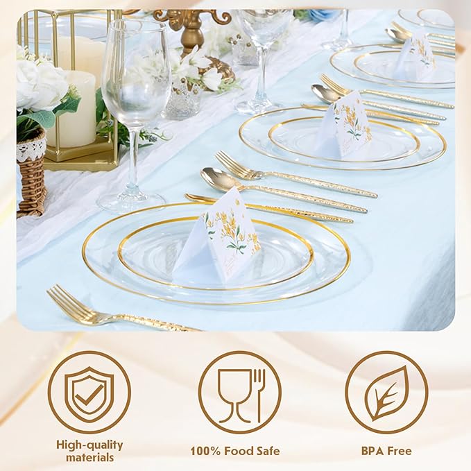 LIYH 60 Pcs Clear and Gold Plastic Plates Heavy Duty Clear Disposable Plates for Party Gold Plastic Plate for Wedding Birthday Include 30 Dinner 30 Dessert Plate