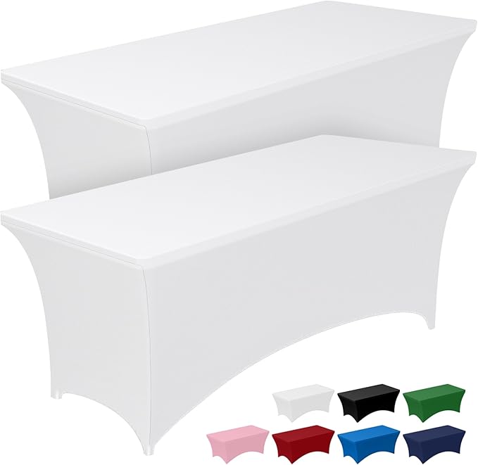 Pureegg Spandex Tablecloth 8ft - 2 Pack, Fitted and Tight Cloth for Rectangle Table, Wrinkle-Free and Stretch Table Cover for Party, Wedding, Banquet and Birthday, White