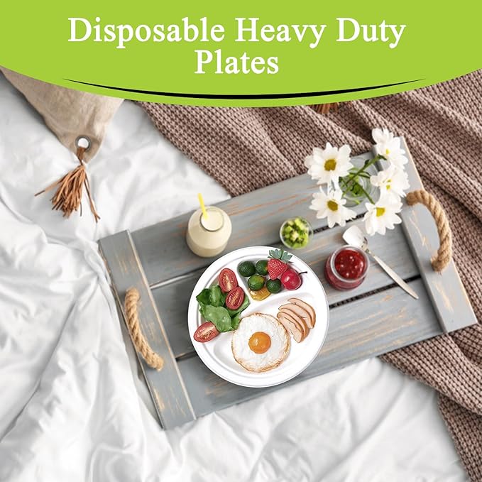 three leaf 9" 3 COMPARTMENT BAGASSE ROUND PLATE, 9,000 Ct. (18 cases x 500 plates) Heavy-Duty- Super Strong- Natural- Eco-Friendly Disposable Bagasse Plates.