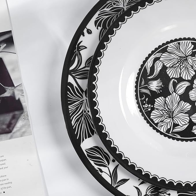 Melamine Dinnerware Sets 12pcs-Melamine Plates and Bowls Set Black Flower Lily Pattern Indoor Outdoor Use Unbreakable Dishwasher Safe
