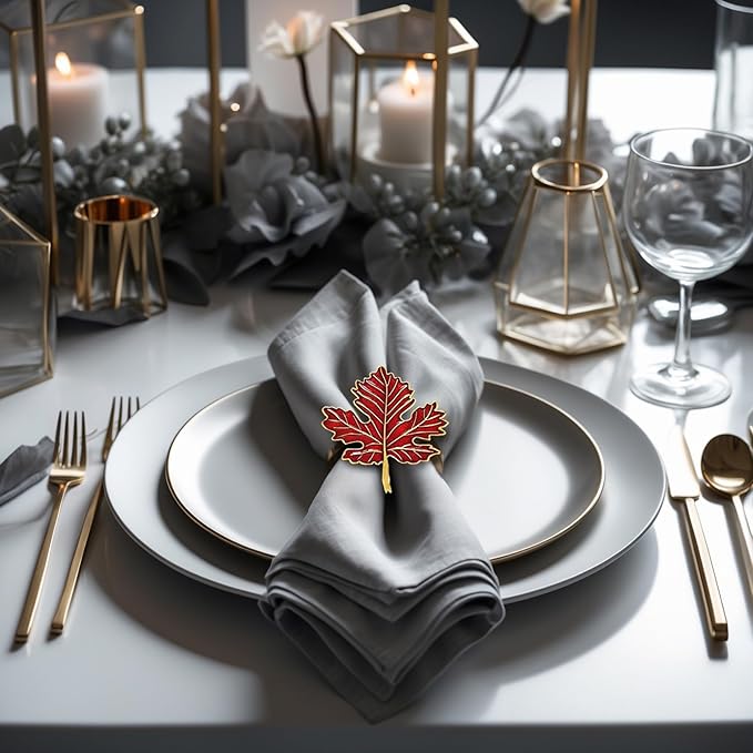 Decozen Set of 16 Red Gold Napkin Rings in Leaf Design, Festive, Table Decor Setting for Holiday, Wedding, Birthday, Kitchen, Home Decor, Housewarming Gift - Thanksgiving & Christmas Gift Decoration