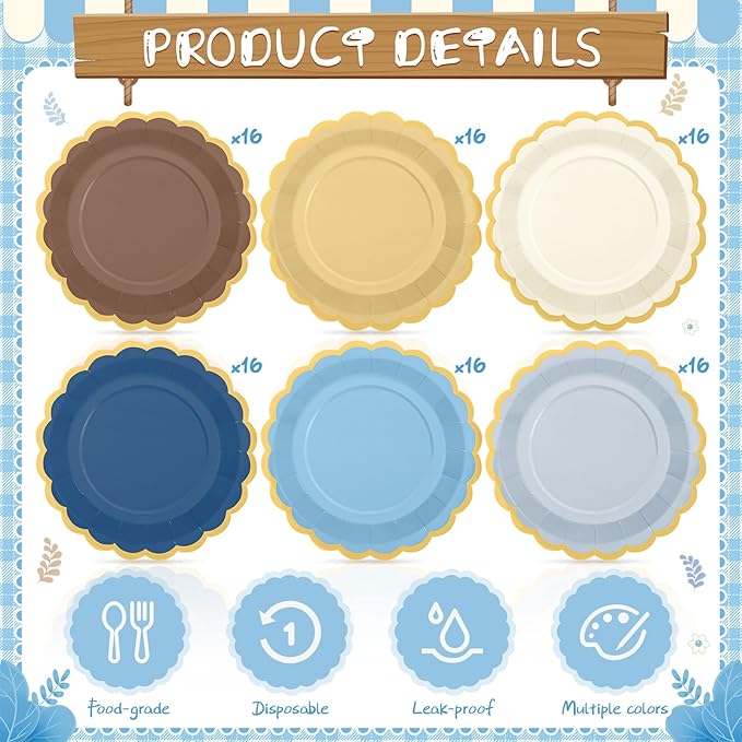 96 Pcs Blue Brown Paper Plates 9 Inch Gradient Scalloped Paper Plates Disposable Dinner Dessert for Birthday Wedding Bridal Party Supplies, 6 Colors
