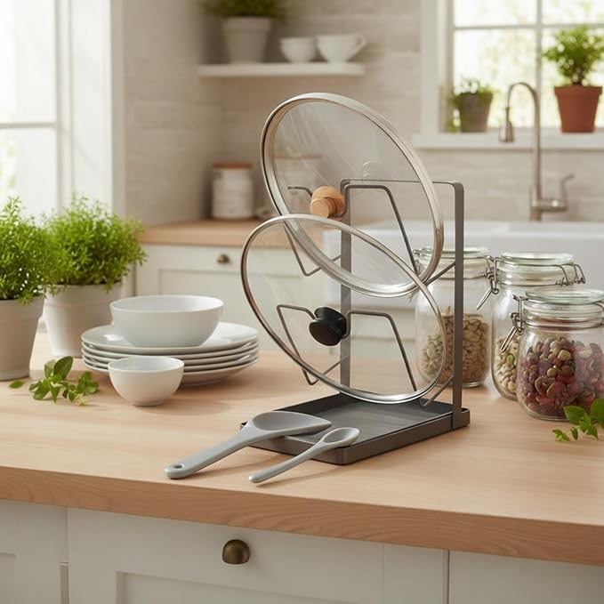 2 Tier Pot Lid Holder Rack for Kitchen Storage, Multifunctional Pan Lid Organizer for Countertop, Kitchen Spoon Rest with Lid Holder Rack for StoveTop（Silver