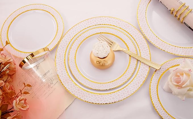 Ciaell 150PCS Pink Plastic Plates – Disposable Pink and Gold Plates Set include 50Plates, 25Forks, 25Knives, 25Spoons, 25Cups for Wedding & Party & Valentine's Day