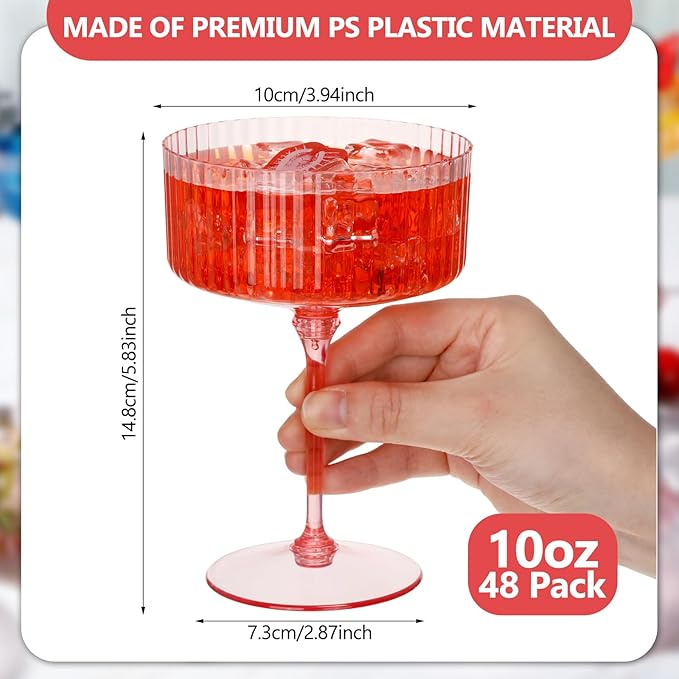48 Pcs Ribbed Martini Glasses 10 oz Disposable Plastic Vintage Ribbed Coupe Glasses Unbreakable Dessert Parfait Glassware for Wedding Birthday Party Supplies (Pink)