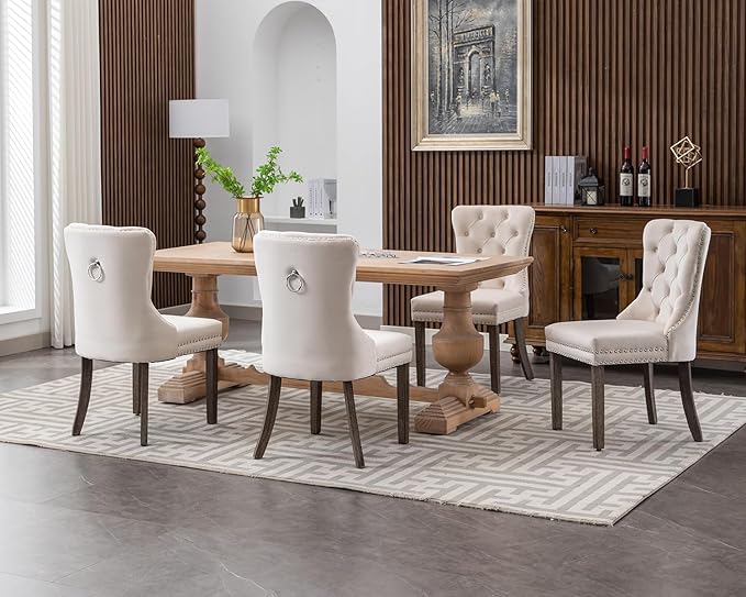 KCC Velvet Dining Chairs Set of 4, Upholstered High-end Tufted Dining Room Chair with Nailhead Back Ring Pull Trim Solid Wood Legs, Nikki Collection Modern Style for Kitchen, Beige