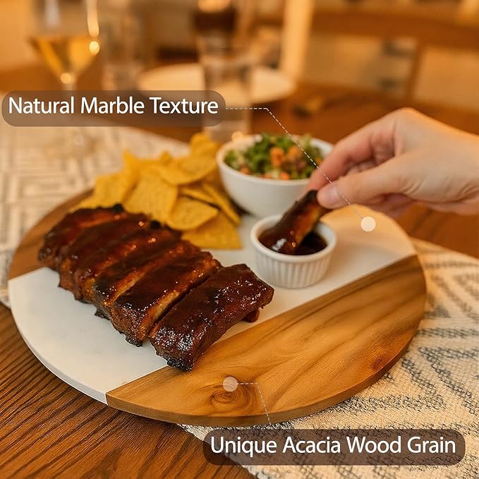 13 Inch Marble and Acacia Wood Lazy Susan – Rotating Serving Tray for Dining Table, Kitchen Island or Coffee Table, Decorative Turntable with Natural Marble Top & Wooden Frame