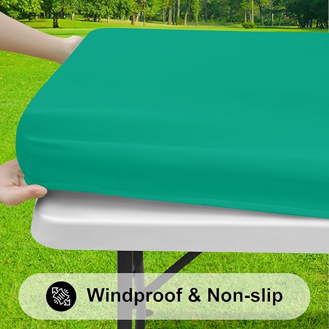 Smiry Rectangle Tablecloth, Elastic Fitted Flannel Backed Vinyl Tablecloths for 8ft Folding Tables, Waterproof Wipeable Table Covers for Indoor, Outdoor, Camping and Picnic (Green, 30"x96")
