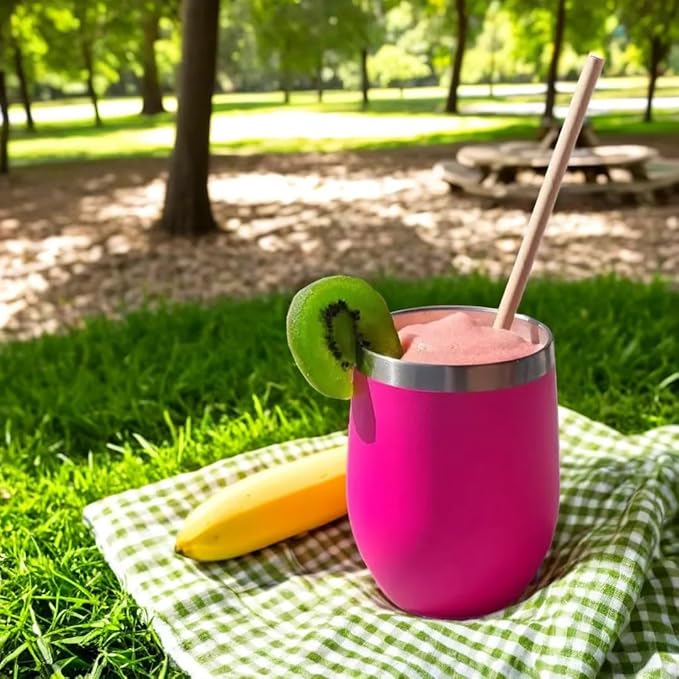 CHILLOUT LIFE 12 oz Stainless Steel Wine Tumblers 2 Pack - Double Wall Vacuum Insulated Wine Cups with Lids and Straws Set for Coffee, Wine, Cocktails - Hot Pink