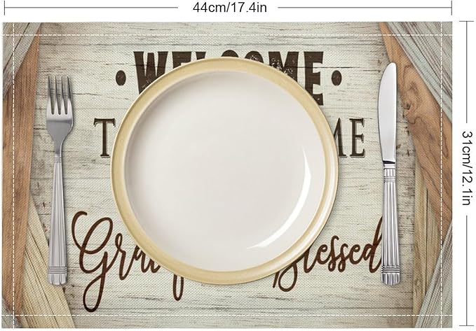 Vintage Farmhouse Placemat Set, Beige White Rustic Wooden Plank Patchwork Welcome Home Letter Inspirational Quotes Pattern Home Decor Linen Table Mats for Dining Room Kitchen Party (17x12in) x6P