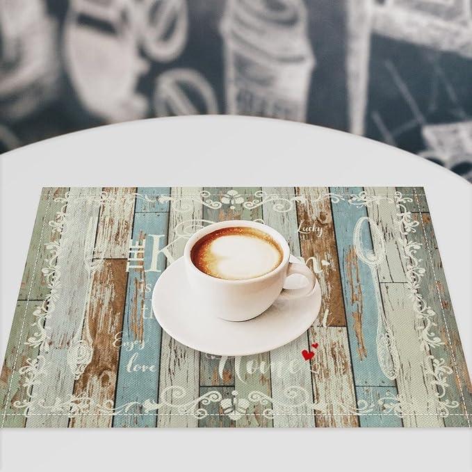 Vintage Farmhouse Placemat Set, Green Blue Rustic Wooden Plank Art Sketch Cutlery Knife Fork Inspirational Quotes Pattern Home Decor Linen Table Mats for Dining Room Kitchen Party (17x12in) x4P
