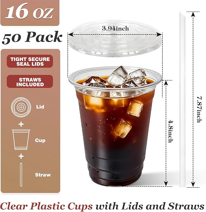 Charmount 50 Sets 16 oz Plastic Cups with Lids and Straws, Disposable Cups for Iced Coffee, Smoothie, Milkshake, Cold Drinks - Clear