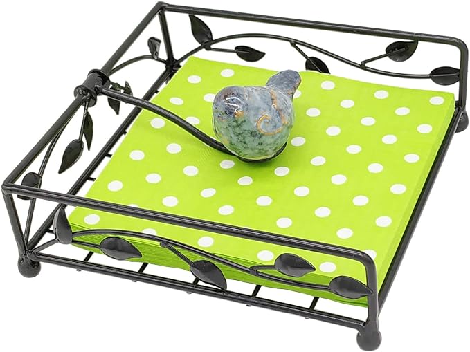 OwlGift Collection Black Coated Metal Flat Napkin Holder Dispensing Stand w/Ceramic Bird, Kitchen and Countertop Flat Napkin Storage Organizer