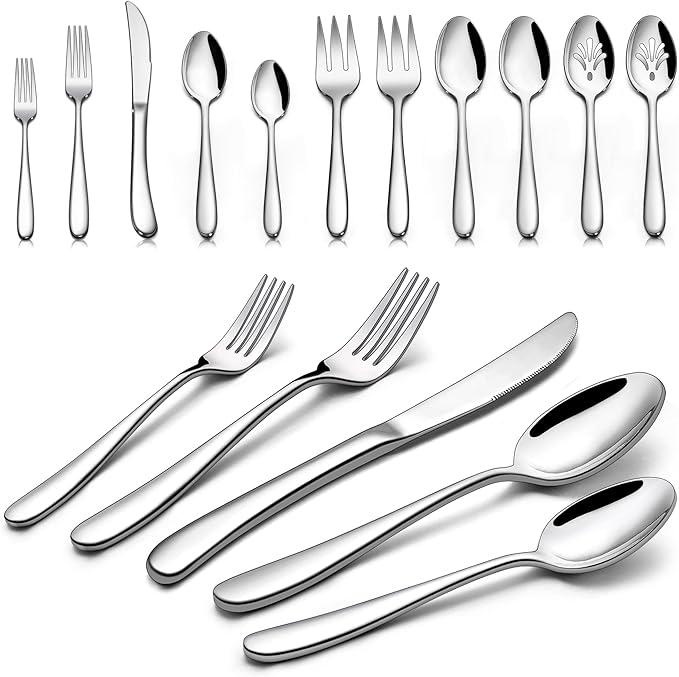 46-Piece Heavy Duty Silverware Set of 8, LIANYU Stainless Steel Flatware Set with Serving Utensils, Thick Cutlery Eating Utensils Include Fork Knife Spoon, Mirror Finished, Dishwasher Safe