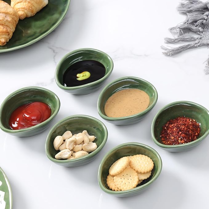 vicrays Ceramic Dipping Sauce Bowls – Small Charcuterie Dip Cups Cooking Prep Condiment Oil Dish Mini Tapas Plates for Soy Sushi Salsas Wasabi Appetizer Dessert - Set of 6 Green