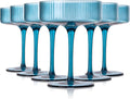 Blue 9 oz Vintage Art Deco Coupe Glasses Set of 6 Ribbed martini Glasses |Vintage Cocktail Glasses Set,Unique Colored Coupe Glass, Classic Cocktail Glassware