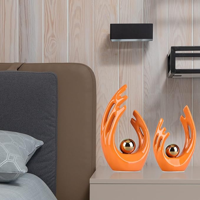 9.5" H Orange Gold Aesthetic Room Decor Accent, TV Stand Funky Table Centerpiece, Abstract Art Ceramic Statue and Sculpture, Orange Decor for Living Room, Bookshelf Decorative Objects, Shelf Decor