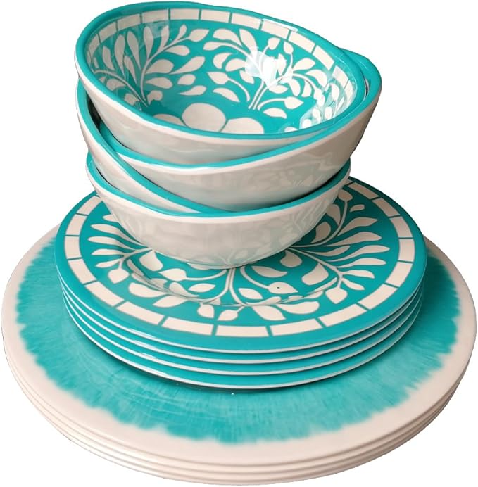 Melamine Dinnerware Sets -12 Piece Plates and Bowls Set for Indoor and Outdoor Use, Lightweight,Teal color,Green