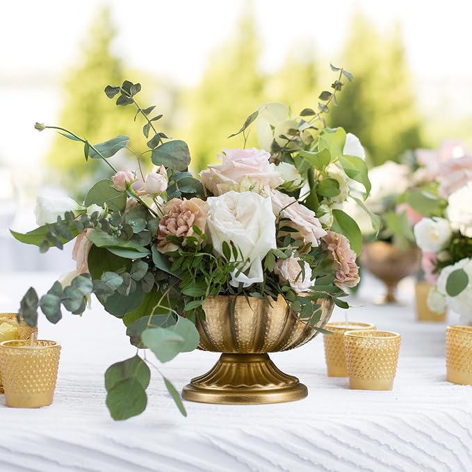 Set of 4, 7'' Wide 3.94'' High Distressed Gold Compote Pedestal Vases, Vintage Antique Urn Gold Flower vases for Centerpieces, Metal Compote Bowl Vase for Wedding Centerpieces