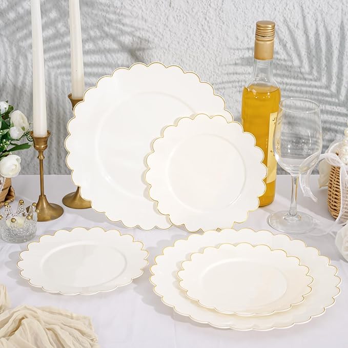 LIYH 120 Pcs Ivory Scalloped Plastic Plates Disposable - Ivory and Gold Plastic Plates - Gold Fancy Disposable Party Dinner & Dessert Plate for Wedding Birthday Valentines Day
