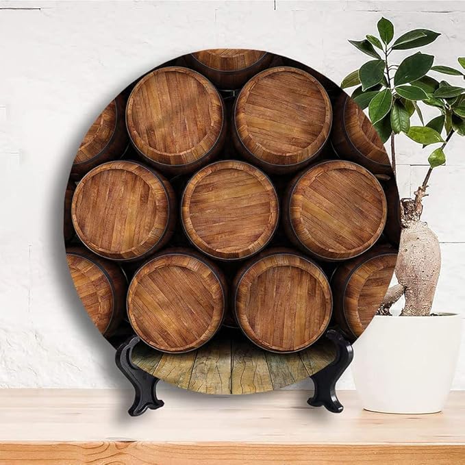 Ceramic Plates, Wine Decorative Ceramic Plates, Wall of Wooden Barrels, 10 Inch, for Dining, Parties, Wedding, Multicolor