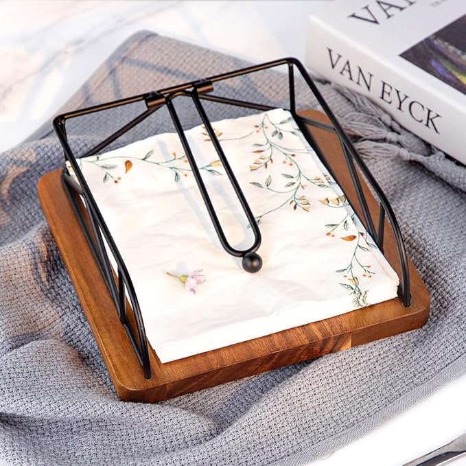 Napkin Holder for Table, Acacia Wood & Metal 360° Rotating Rustic Square Standing Napkin Holders for Paper Napkins, Farmhouse Style Kitchen Dining Table Decor – Black