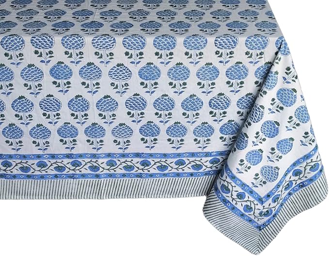 ATOSII Roma Blue 100% Cotton Boho Rectangle Fall Tablecloth, Handblock Floral Print Table Cloth Linen for Kitchen Dining I Parties Outdoors Weddings Holidays I Decor 72 X 108 Inches I 8 Seater