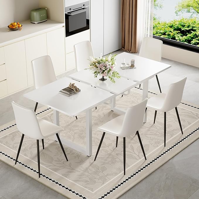 Extendable Dining Table Set for 4, 55"–71" Modern White Kitchen Table with 4 Upholstered Chairs, Space-Saving for Living Room Apartment, Sturdy & Comfortable, Easy Assembly