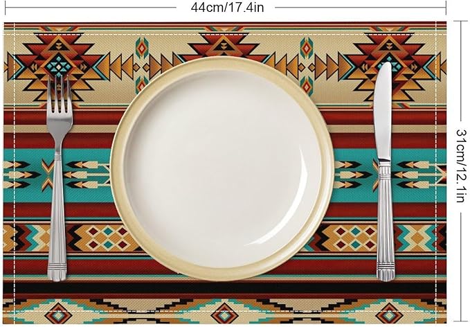 Southwestern Native Aztec Placemats Rustic Tribal Geometric Decorative Table Mat Antique Native Heat Resistant Place Mats for Dining Kitchen Party Holiday Decor 12x18Inch Set of 6
