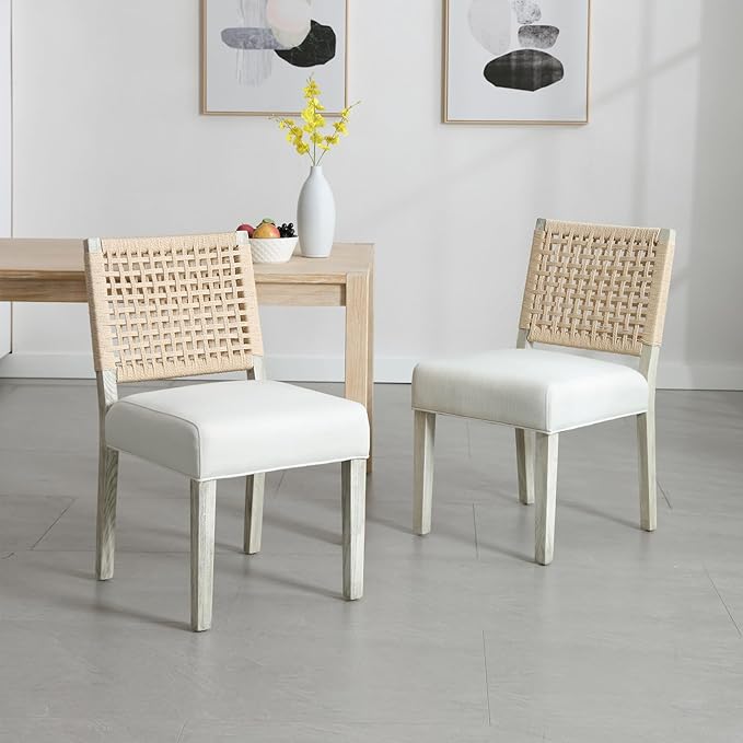 Farmhouse Dining Chairs Set of 4 Linen Fabric Upholstered Accent Side Chair, Mid Century Modern Kitchen & Dining Room Chairs with Woven Rope Back for Home, Living Room, Bedroom - White