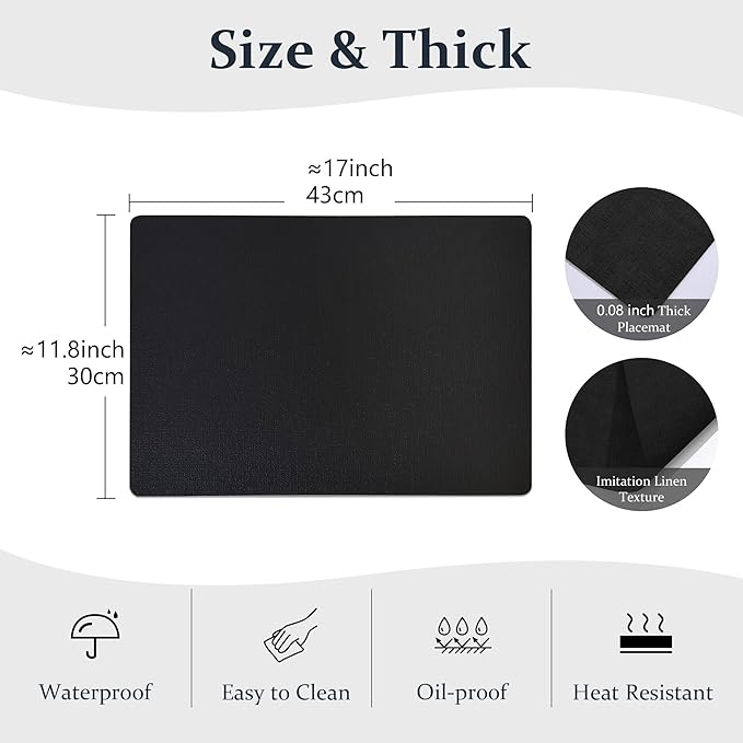 FROMHEART Faux Leather Placemats Set of 12–Waterproof,Heat/Oil Stain-Resistant PU Table Mat–Reversible,Non-Slip,Easy to Clean Place Mats for Kitchen,Dining,Indoor/Outdoor,(Black,11.8" x 17")