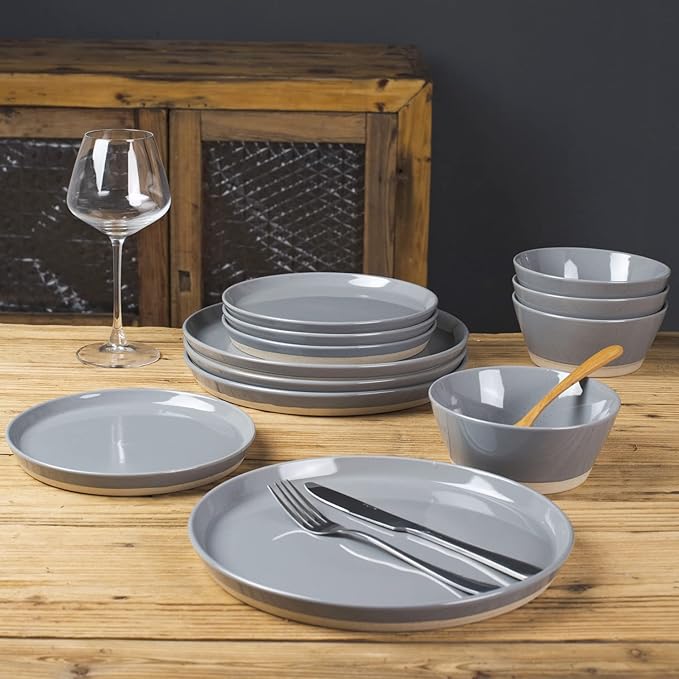 Famiware Saturn Dinnerware Sets for 4, 12 Pieces Stoneware Plates and Bowls Dish Set - Chip and Scratch Resistant, Microwave and Dishwasher Safe Tableware, Dark Gray