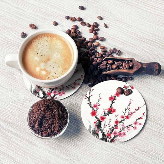 Plum Blossom Coaster Ink Traditional Chinese Painting Beautiful Flower Tabletop Protection for Any Table Type Wood, Granite, Glass, Soapstone, Sandstone, Marble, Stone Tables