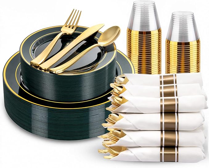 175PCS Green Plastic Plates - Green and Gold Disposable Plates 25Guests Plastic Plates with Rolled Napkins for Birthday/St. Patrick's Day