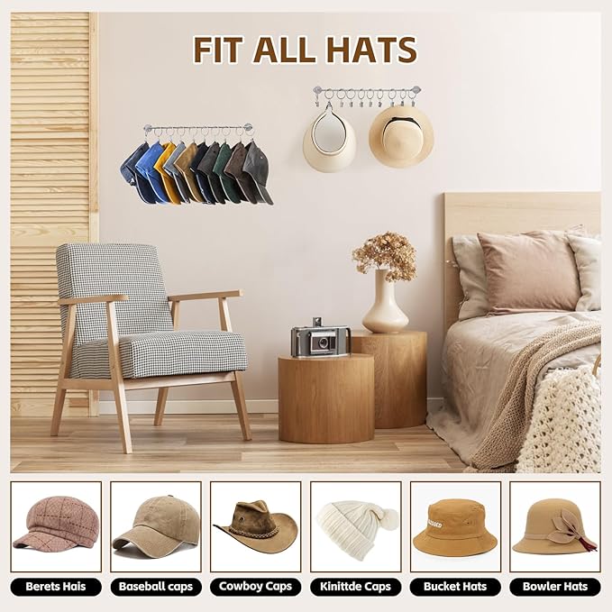 Viklluyr Hat Rack Baseball Cap Wall Organizer - Closet Hats Holder with 20 Hooks - Metal Caps Storage Wall Mounted Hat Hanger Set of 2 for Closet Door Bedroom Entryway Laundry(Grey)