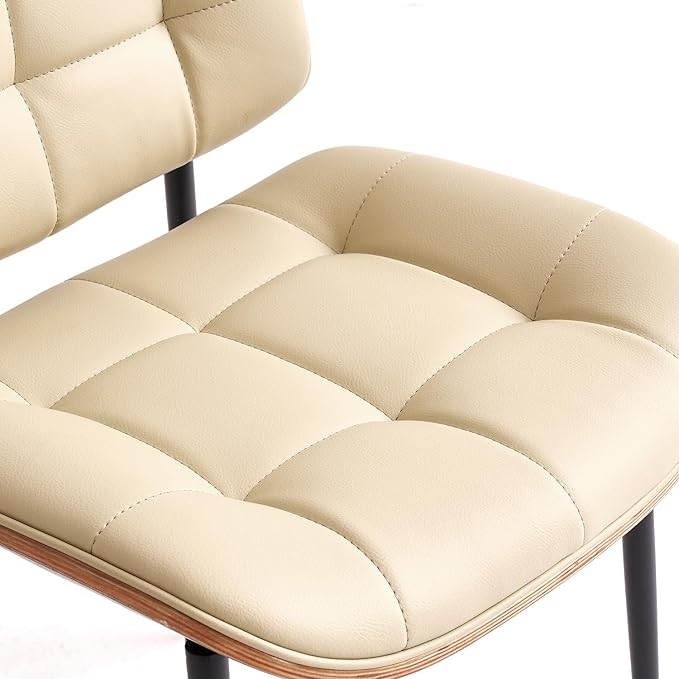 Mid Century Modern Dining Chairs with Walnut Grain Back, Beige Faux Leather Dining Room Chairs Set of 4, Checkered Soft Cushion Kitchen Chairs with Adjustable Foot Pads