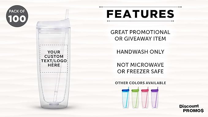 Custom Tall Orbit Acrylic Tumblers 20 oz. Set of 100, Personalized Bulk Pack - Perfect for Iced Coffee, Soda, Other Hot & Cold Beverages - Clear