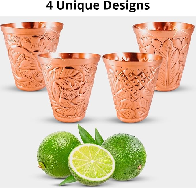 Pure Copper Shot Glasses (Set of 4) - Moscow Mule Drinking Shot Glass for Home, Kitchen, Bar - Barware Drinking Glass for Tequila Vodka Cocktail Shooters - Custom Embossed Metal Drinkware Gift