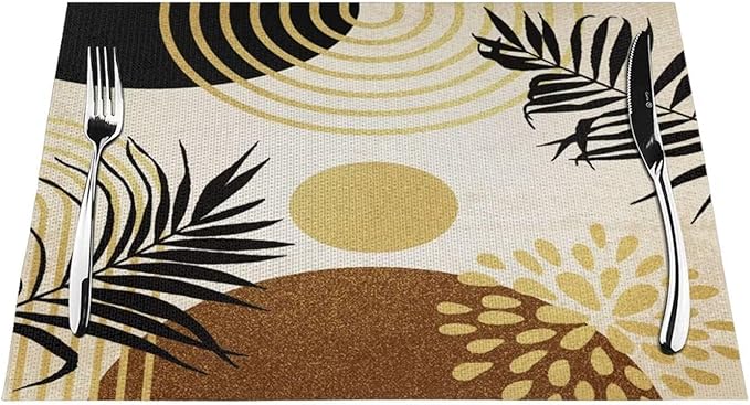 Boho Mid Century Placemats Abstract Golden Dots Leaves Modern Geometric Minimalist Aesthetic Washable Place Mats 12x18Inch for Dining Kitchen Farmhouse Decor 6 PCS
