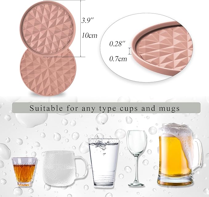 Silicone Coasters for Drinks[8 Pack, No Holder]- Cup Mat for Tabletop Protection-Non-Slip, Non-Stick, Coffee Table Decor, Great Gift for Any Occasion, Pink