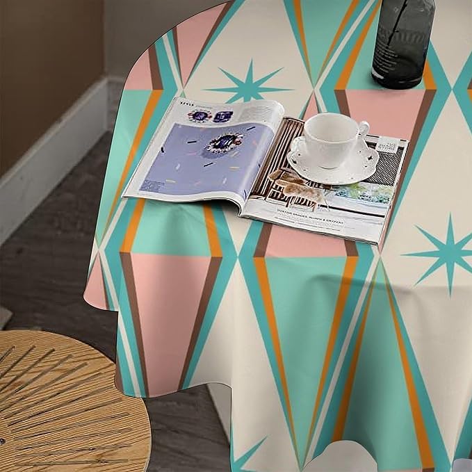 Mid Century Round Tablecloth, Vintage Bohemian Modern Mid-Century 50s 60s Print Tablecloth for Home Party Dining Room Kitchen Decor 60Inch(152cm)