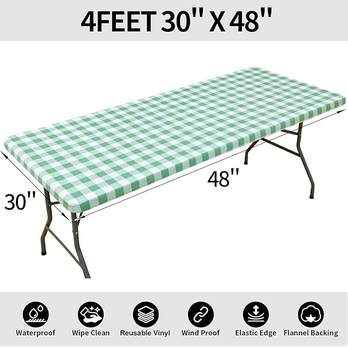 Smiry Rectangle Picnic Table Cloth, Elastic Waterproof Fitted Vinyl Tablecloths, Flannel Backed Buffalo Plaid Table Covers for Dining, Camping, Outdoor (Sage Green and White, 30" x 48")