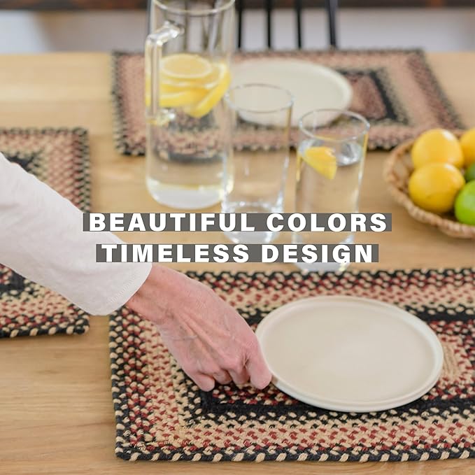 Homespice Primitive Star Gloucester Jute Braided Long Table Runner, Warm Primitive Decor, Black and Red Rectangle 11x36 - Rich Colors, Easy to Clean, Durable and Protects Furniture